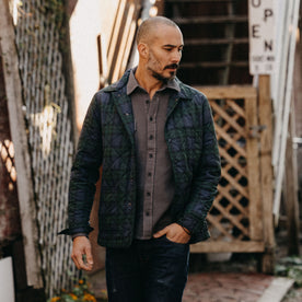 fit model walking in The Ojai Jacket in Blackwatch Plaid Diamond Quilt