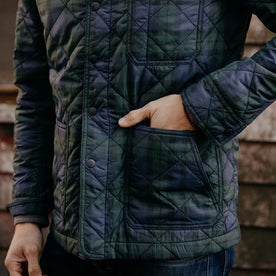 fit model with his hand in the front pockets of The Ojai Jacket in Blackwatch Plaid Diamond Quilt