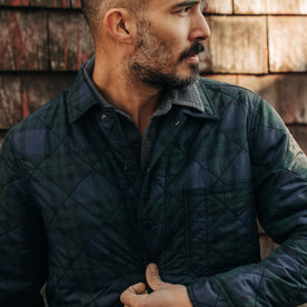 fit model in The Ojai Jacket in Blackwatch Plaid Diamond Quilt