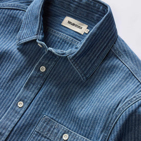 material shot of the collar on The Utility Shirt in Washed Indigo Herringbone