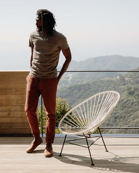fit model walking in The Apres Pant in Black Cherry Sashiko, Bottoms by Taylor Stitch