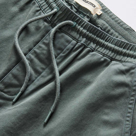material shot of the waistband on The Apres Short in Organic Deep Sea Foundation Twill