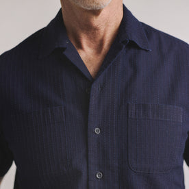 fit model showing off pickstitch detail on The Conrad Shirt in Rinsed Indigo Pickstitch