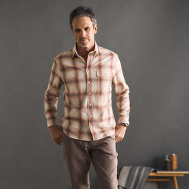 fit model posing in The Craftsman Shirt in Brick Shadow Plaid
