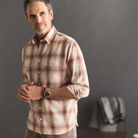fit model showing off arm cuffs on The Craftsman Shirt in Brick Shadow Plaid