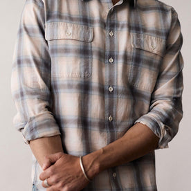 fit model showing the buttons on The Craftsman Shirt in Sky Shadow Plaid