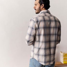fit model showing off the back of The Craftsman Shirt in Sky Shadow Plaid
