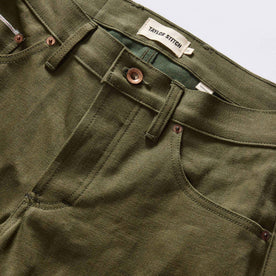 material shot of the waistband on The Democratic Jean in Olive Nihon Menpu Selvage