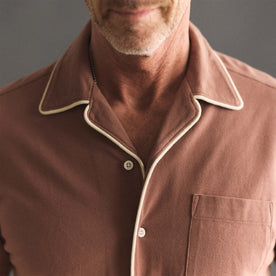 fit model showing off the collar on The Harwich Shirt in Faded Brick Tipped Pique