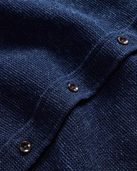 material shot of the buttons on material shot of the waffle fabric on The Jack in Indigo Waffle, Wovens by Taylor Stitch