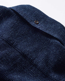 material shot of the back of the collar on The Jack in Indigo Waffle, Wovens by Taylor Stitch