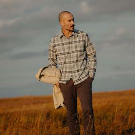 fit model in The Ledge Shirt in Faded Blue Plaid