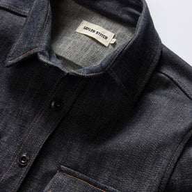 material shot of the collar on The Mill Shirt Jacket in Kuroki Slub Denim