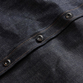 material shot of the buttons on The Mill Shirt Jacket in Kuroki Slub Denim