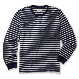 flatlay of The Organic Cotton Henley in Rinsed Indigo Stripe