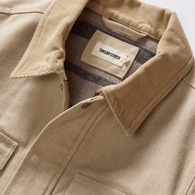 material shot of the corduroy collar on The Workhorse Utility Jacket in Light Khaki Chipped Canvas