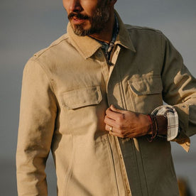 fit model in The Workhorse Utility Jacket in Light Khaki Chipped Canvas
