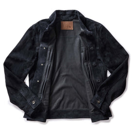 flatay of The Ryder Jacket in Dark Navy Suede, open