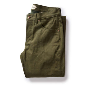 folded flatlay of The Slim Jean in Olive Nihon Menpu Selvage