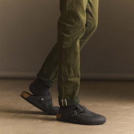 fit model showing selvage cuffs on The Slim Jean in Olive Nihon Menpu Selvage