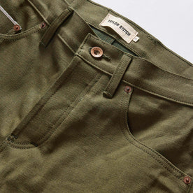 material shot of the waistband on The Slim Jean in Olive Nihon Menpu Selvage
