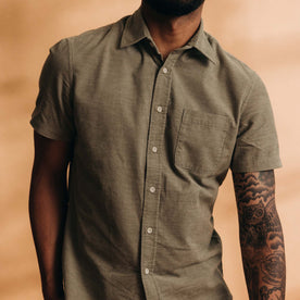 fit model showing off cord detail on The Short Sleeve California in Heather Moss Cord