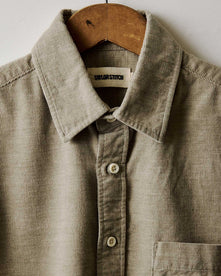 material shot of the buttons on The Short Sleeve California in Heather Moss Cord