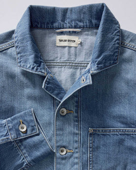 material shot of the collar on The Milton Pullover in Washed Selvedge Denim, Wovens by Taylor Stitch