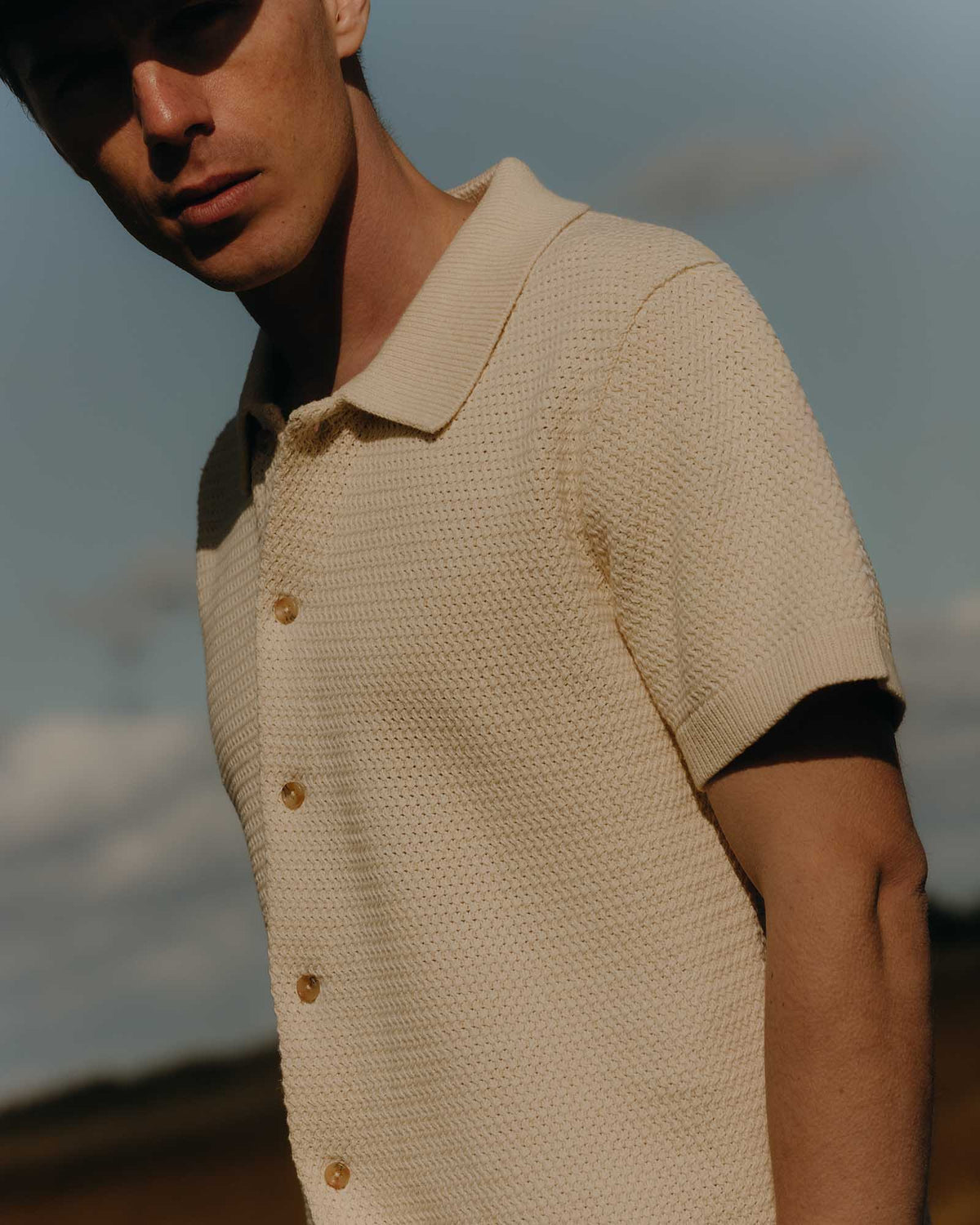 The Button Down Polo in Heather Oat Crochet | Taylor Stitch