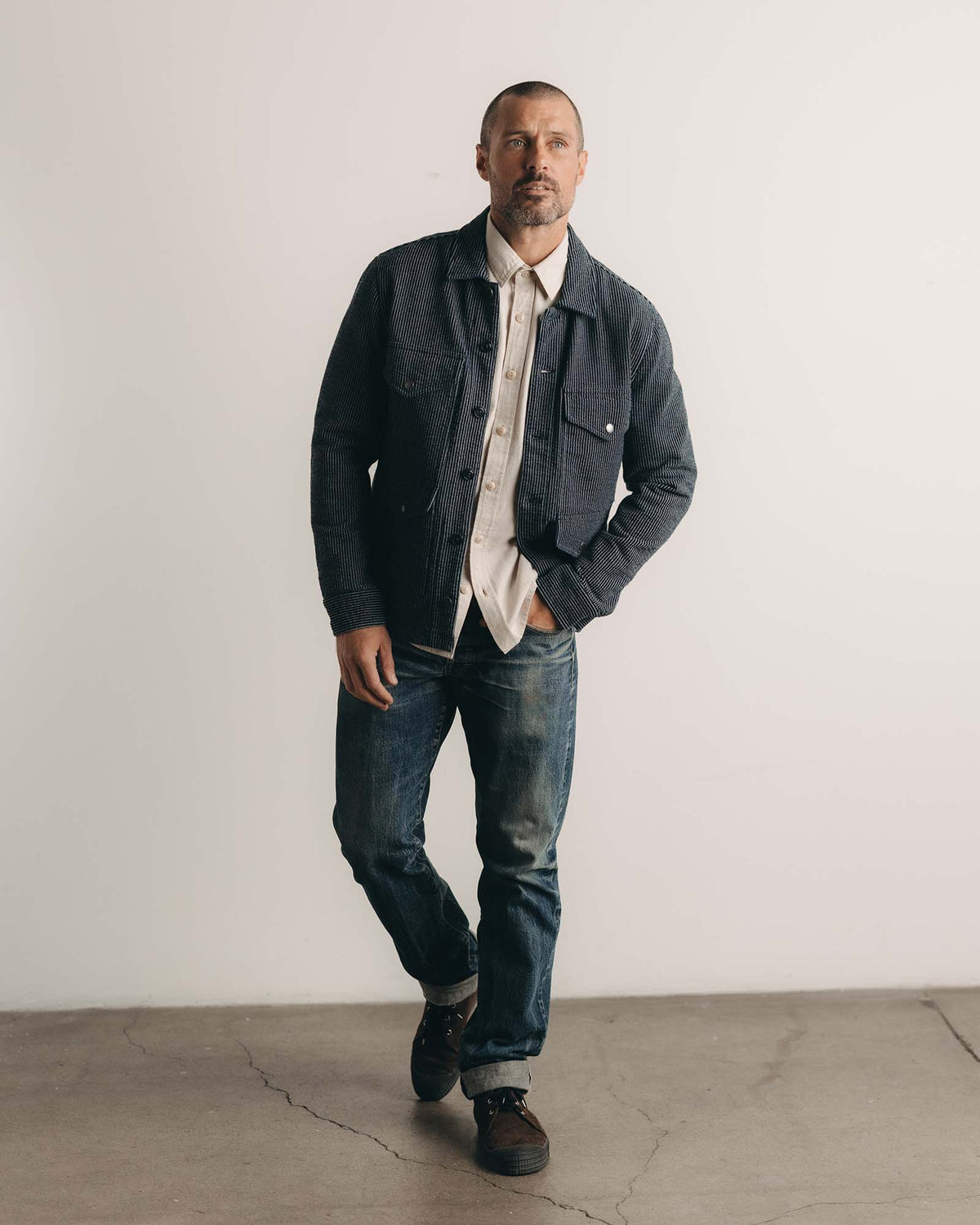 The Jackson Jacket in Rinsed Indigo French Terry Stripe | Taylor 