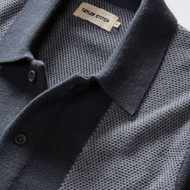 material shot of the collar on The Button Down Polo in Marine Seed Stitch