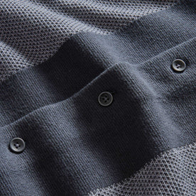 material shot of the buttons on The Button Down Polo in Marine Seed Stitch