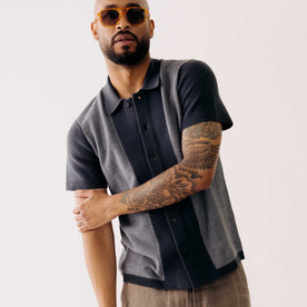 fit model in The Button Down Polo in Marine Seed Stitch