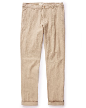 flatlay of The Easy Pant in Heather Oat Seersucker, shown in full, Bottoms by Taylor Stitch