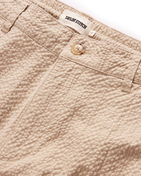 material shot of the button fly on The Easy Pant in Heather Oat Seersucker, Bottoms by Taylor Stitch