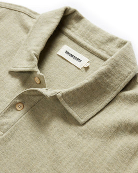 material shot of the collar on The Herringbone Polo in Heather Sage, Knits by Taylor Stitch