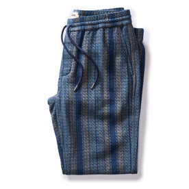 folded flatlay of the front of The Apres Pant in Marine Stripe