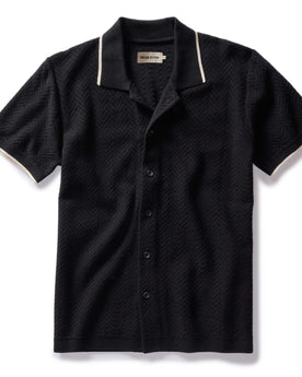 flatlay of The Button Down Polo in Coal Herringbone, Knits by Taylor Stitch