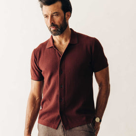 fit model posing in The Button Down Polo in Dried Cherry Herringbone