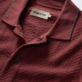 material shot of the collar on The Button Down Polo in Dried Cherry Herringbone