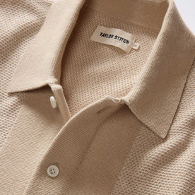 material shot of the collar on The Button Down Polo in Faded Khaki Seed Stitch