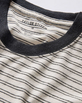 material shot of the collar on The Cotton Hemp Tee in Black Coffee Stripe, Knits by Taylor Stitch