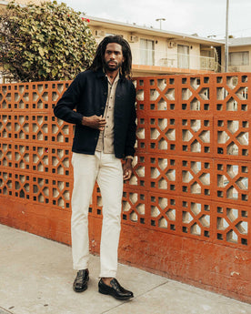 fit model showing off the collar on The Crew Jacket in Raw Indigo Sashiko, Outerwear by Taylor Stitch