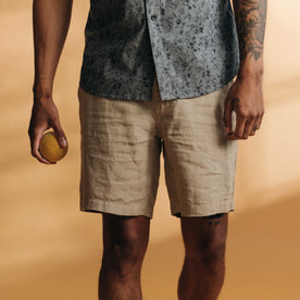 fit model showing off The Easy Short in Natural Linen