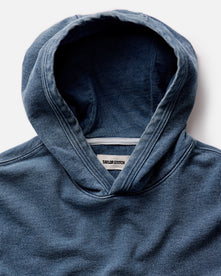 material shot of the hood on The Apres Hoodie in Washed Indigo Terry