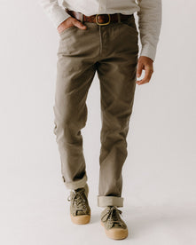 fit model with his hands in the pockets of The Camp Pant in Stone Chipped Canvas