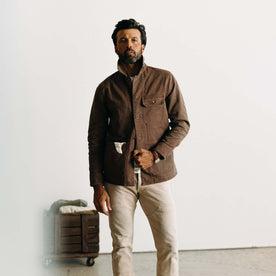 fit model posing wearing The Fremont Jacket in Aged Penny Chipped Canvas