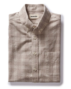 folded flatlay of The Jack in Heather Flax Plaid, Wovens by Taylor Stitch