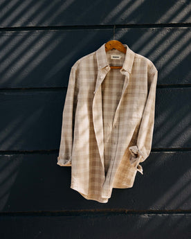 editorial image of The Jack in Heather Flax Plaid on a hanger, Wovens by Taylor Stitch