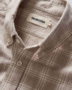 material shot of the collar on The Jack in Heather Flax Plaid, Wovens by Taylor Stitch